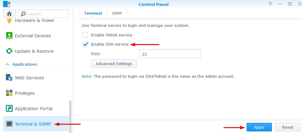 Synology enable SSH