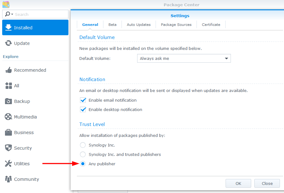 synology package trust level