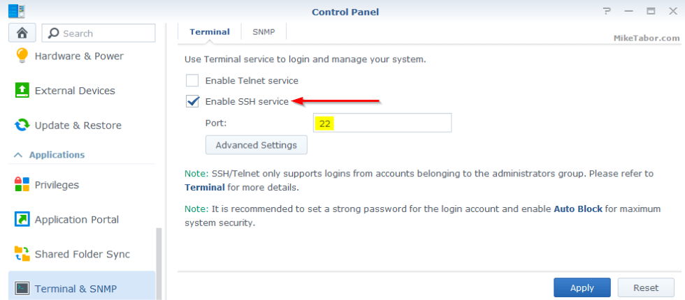 Enable SSH on Synology