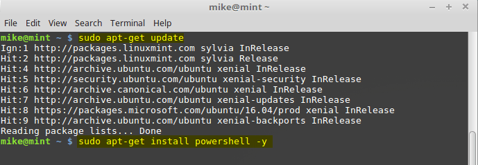 linux powershell apt-get update install