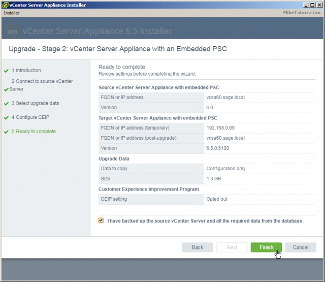Upgrade vCenter Server Appliance 6.0 to 6.5 - Mike Tabor