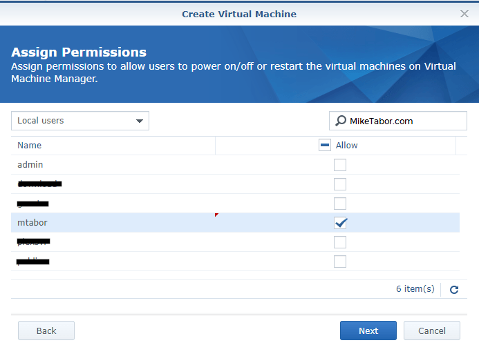 synology create vm assign permissions