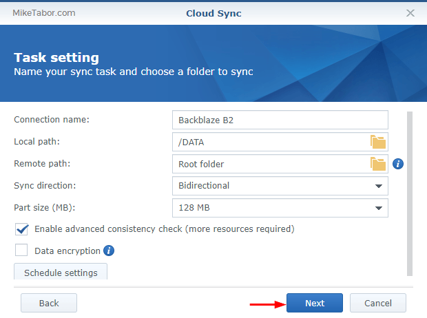Backblaze on Synology - Task settings