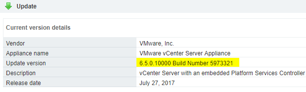 VMware VCSA Update to 6.5 Update 1 completed