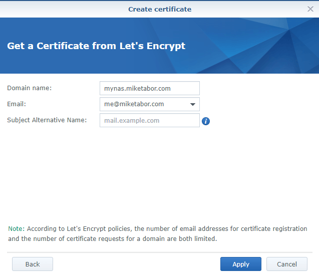 Synology Let's Encrypt domain name