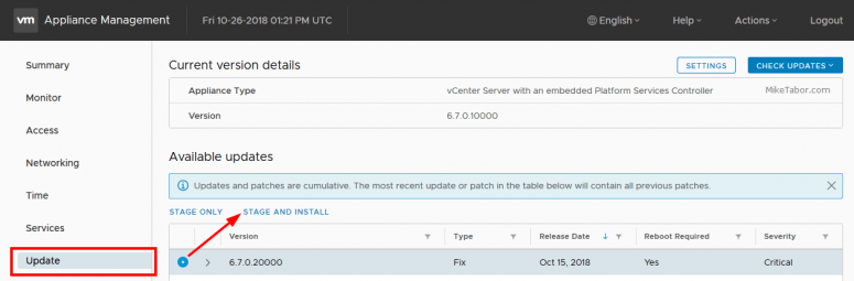 Update vCenter Server Appliance 6.7 to 6.7 Update 1 - Mike Tabor