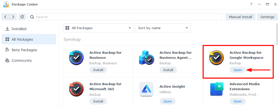 synology package center open active backup google workspace